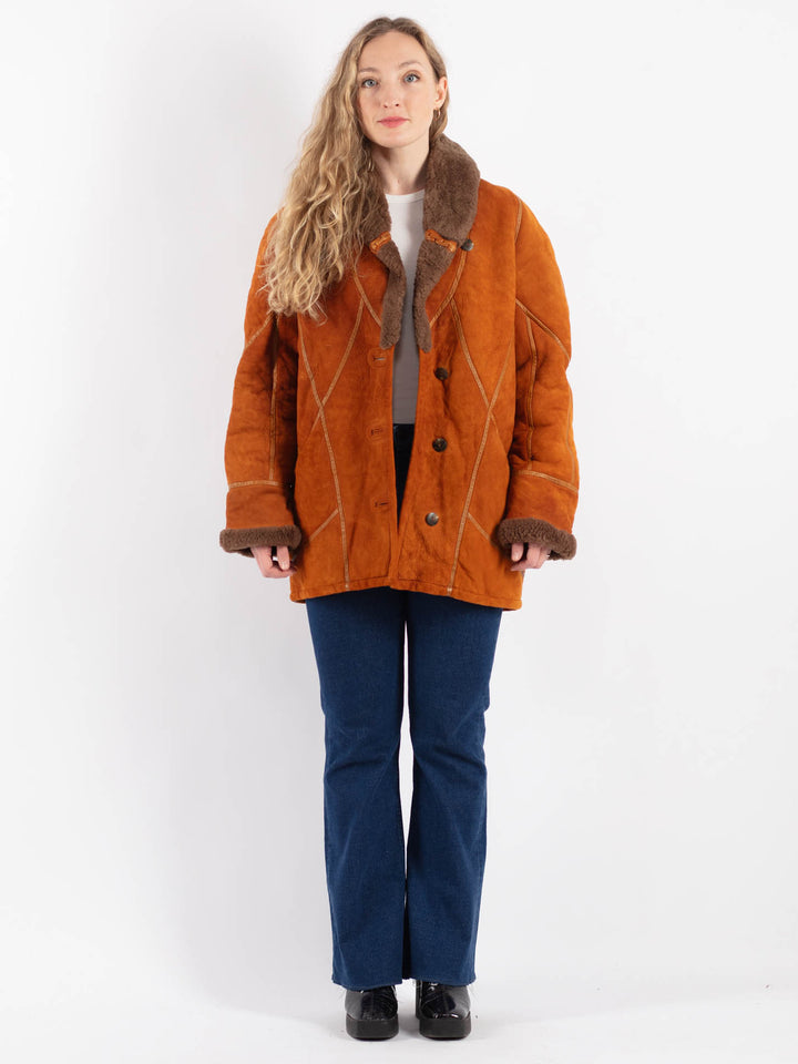 Vintage 80's Women Sheepskin Shearling Jacket in Orange