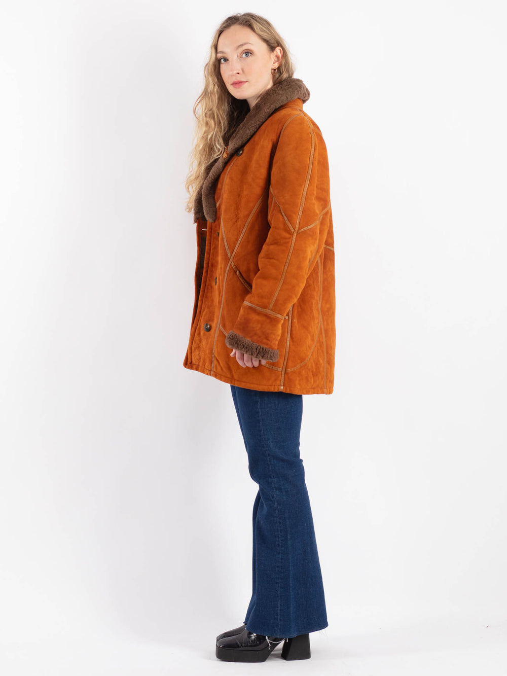 Vintage 80's Women Sheepskin Shearling Jacket in Orange