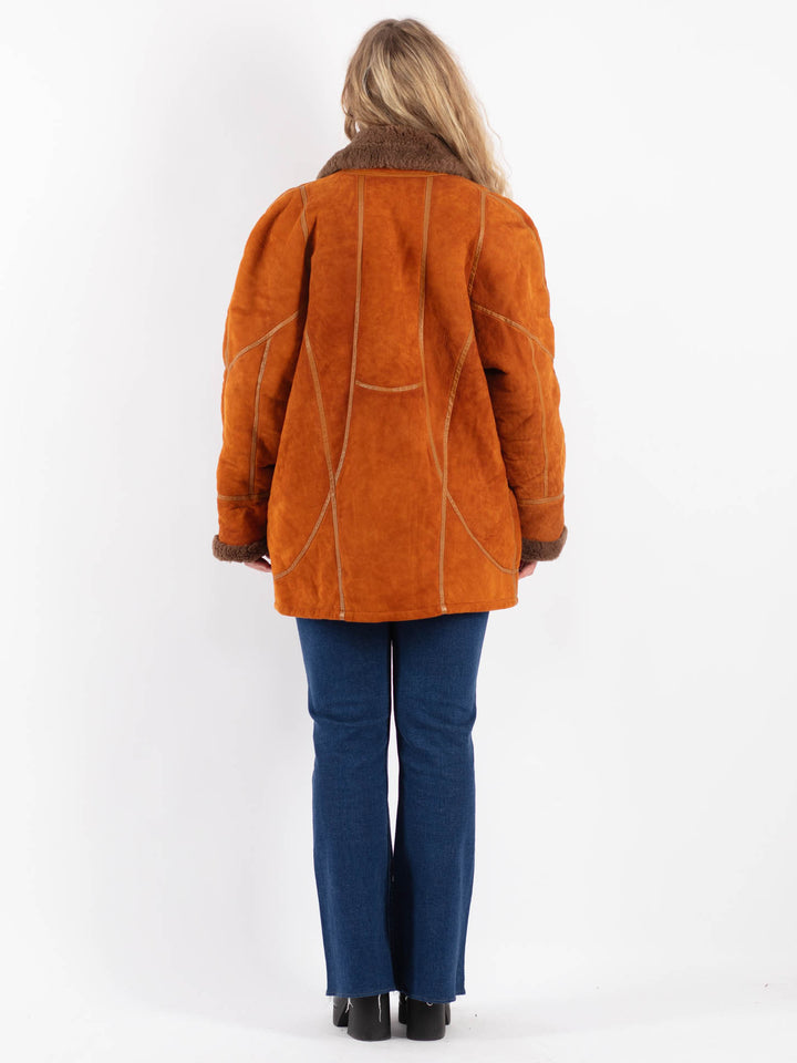 Vintage 80's Women Sheepskin Shearling Jacket in Orange