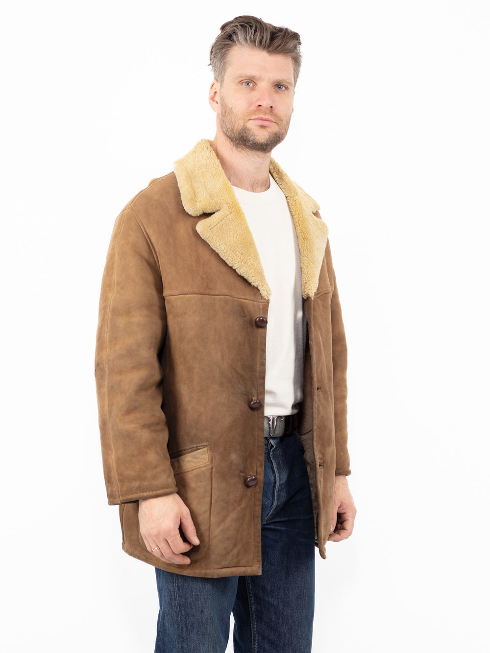 Vintage 70's Men Sheepskin Coat in Beige