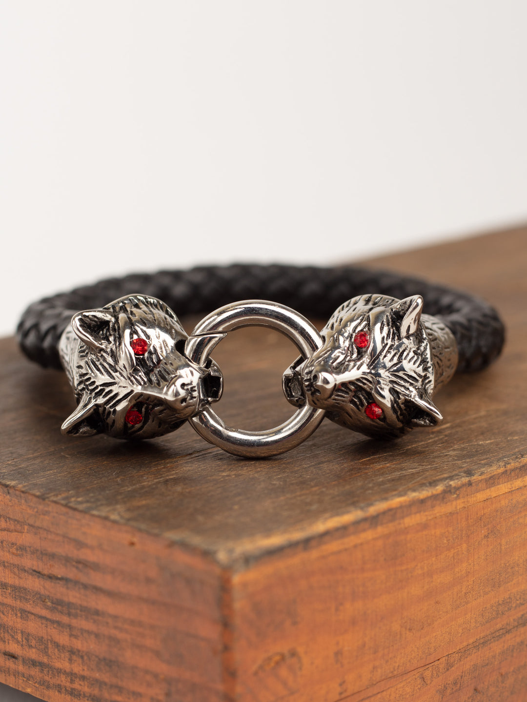 Vintage 00's Men’s Viking Style Wolf Head Bracelet with Red Eyes