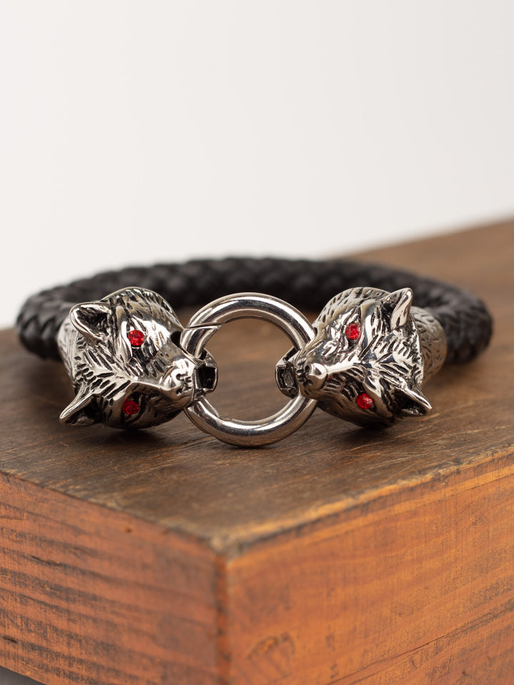 Vintage 00's Men’s Viking Style Wolf Head Bracelet with Red Eyes