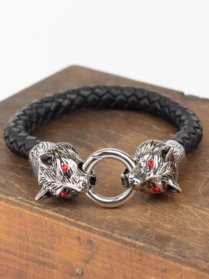 Vintage 00's Men’s Viking Style Wolf Head Bracelet with Red Eyes