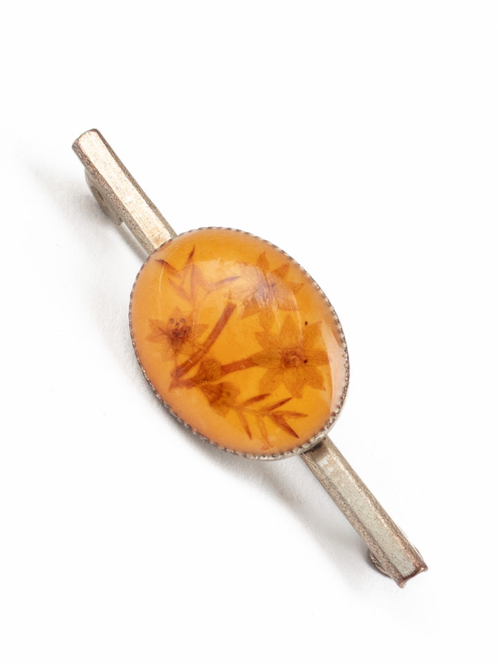 Vintage 50s Amber Lucite Bar Brooch with Pressed Flower Design
