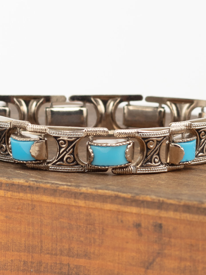 Vintage 80s Man’s Tribal Link Bracelet with Faux Turquoise Inlays