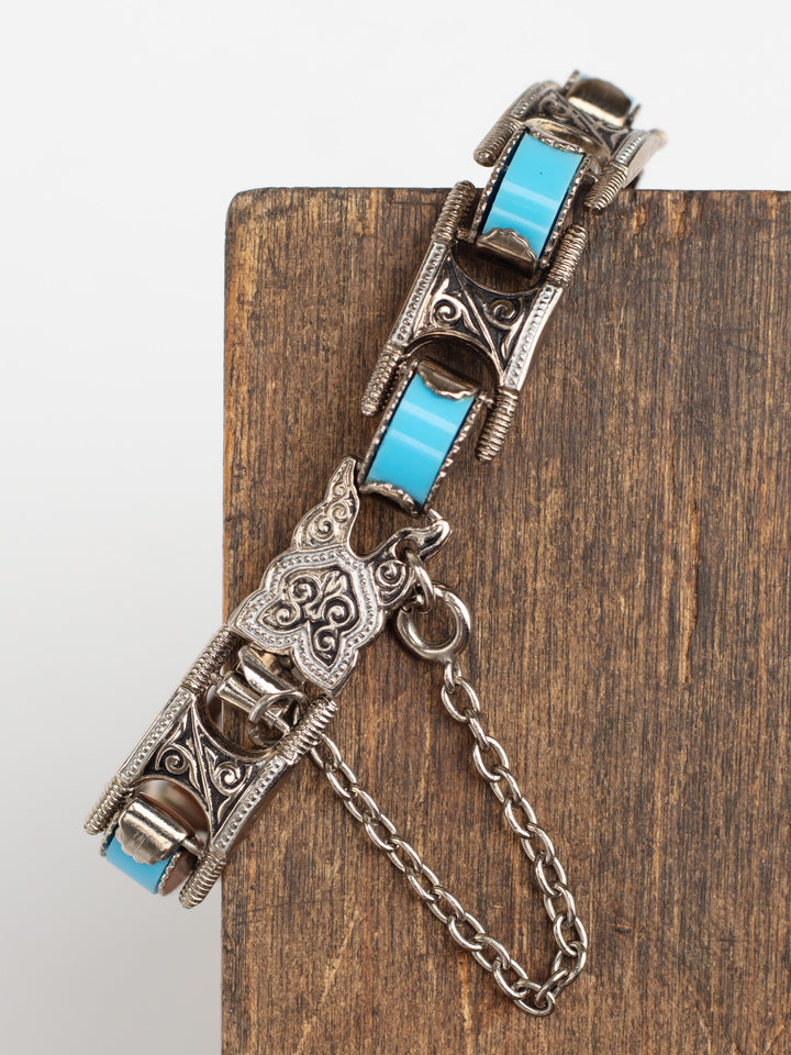 Vintage 80s Man’s Tribal Link Bracelet with Faux Turquoise Inlays