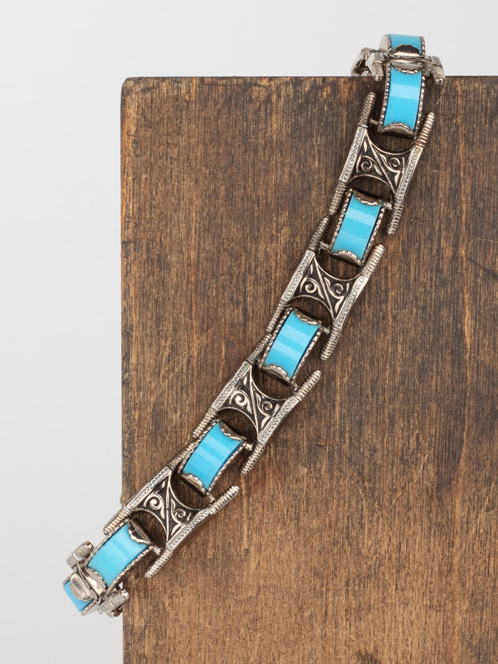 Vintage 80s Man’s Tribal Link Bracelet with Faux Turquoise Inlays