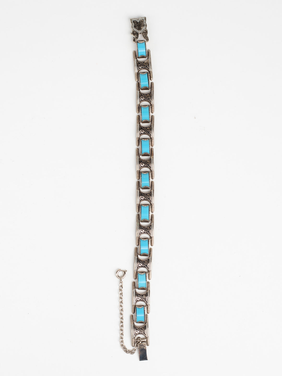 Vintage 80s Man’s Tribal Link Bracelet with Faux Turquoise Inlays
