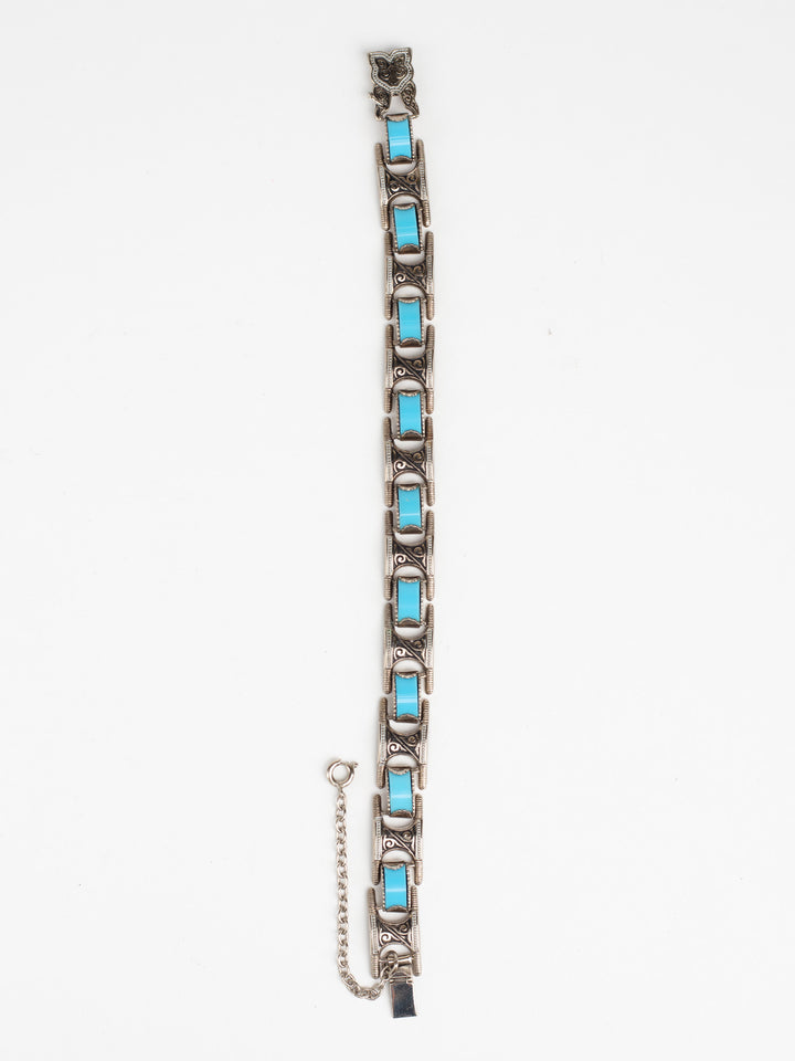 Vintage 80s Man’s Tribal Link Bracelet with Faux Turquoise Inlays