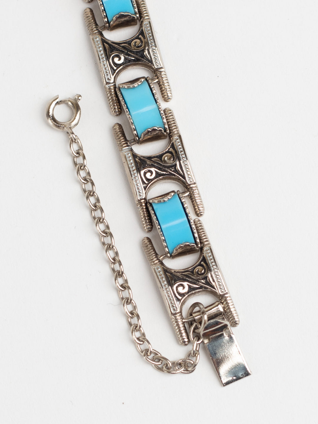 Vintage 80s Man’s Tribal Link Bracelet with Faux Turquoise Inlays