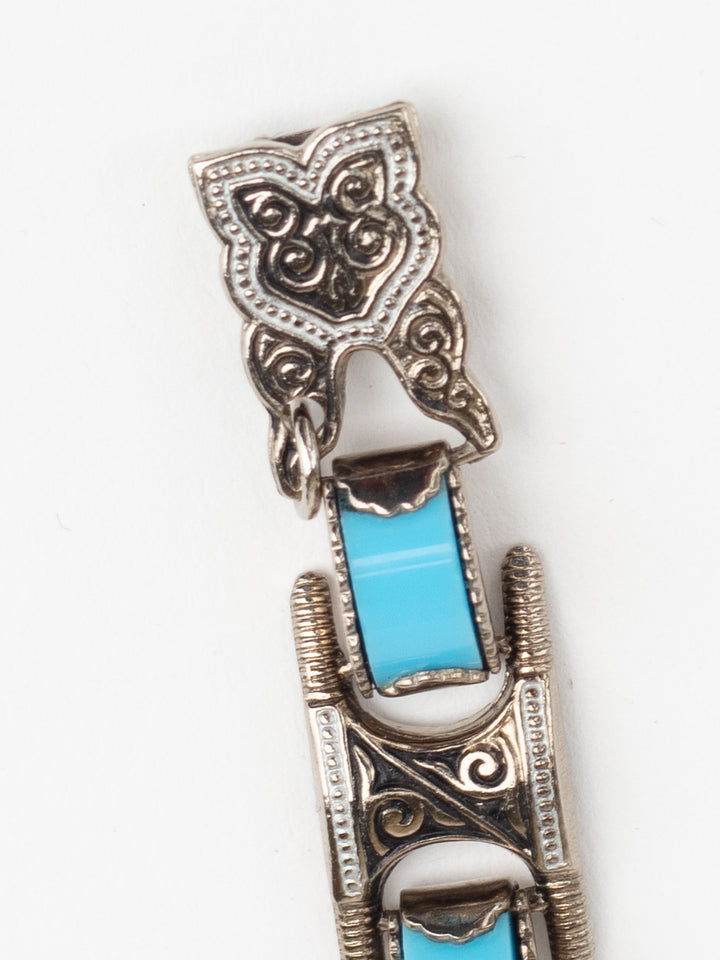 Vintage 80s Man’s Tribal Link Bracelet with Faux Turquoise Inlays