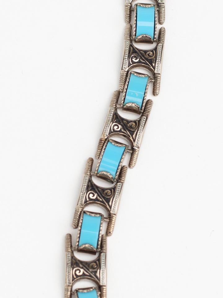 Vintage 80s Man’s Tribal Link Bracelet with Faux Turquoise Inlays