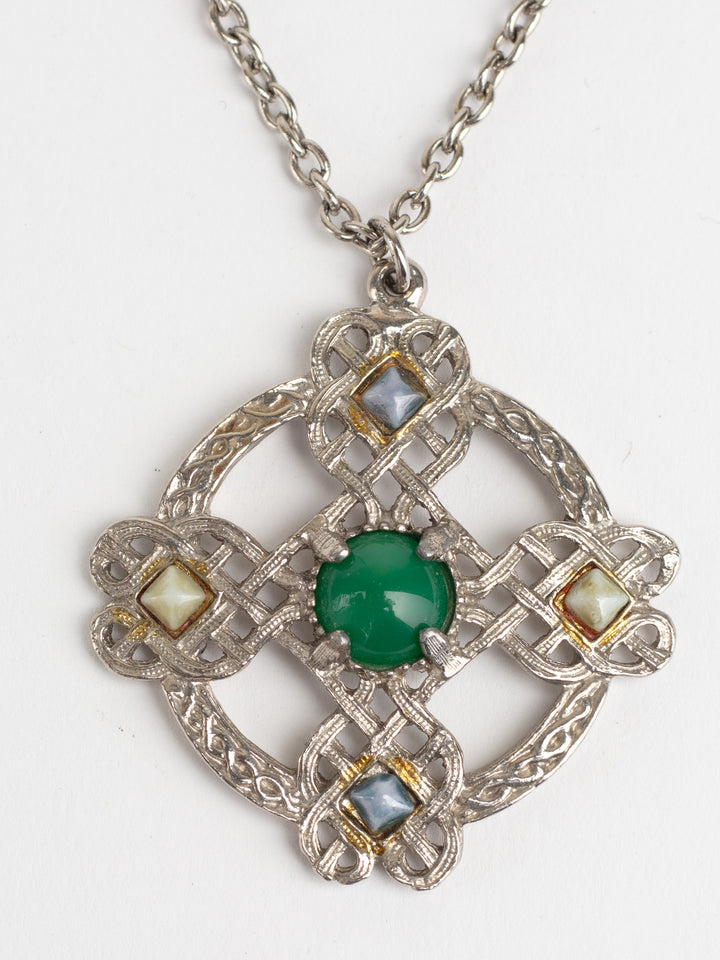 Vintage 70s Man’s Celtic Style Pendant Necklace with Green Cabochon