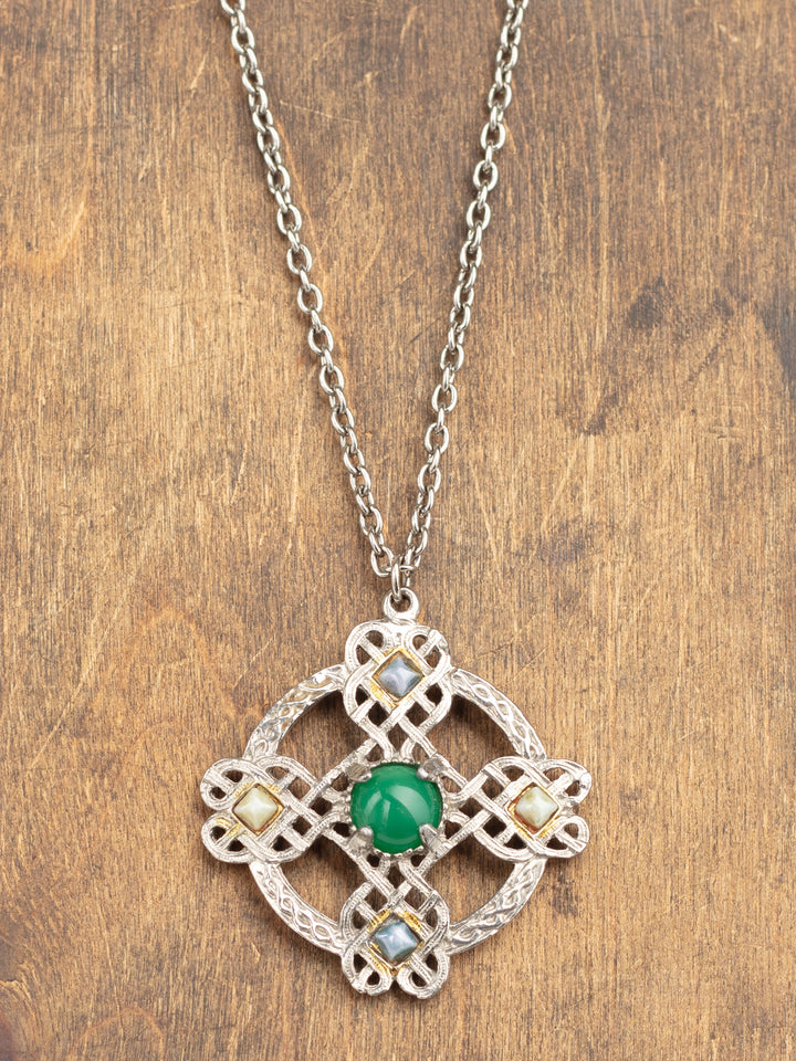 Vintage 70s Man’s Celtic Style Pendant Necklace with Green Cabochon