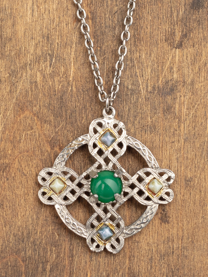 Vintage 70s Man’s Celtic Style Pendant Necklace with Green Cabochon