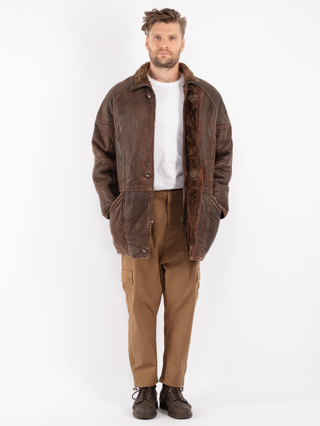 Vintage 80's Men Sheepskin Coat in Brown