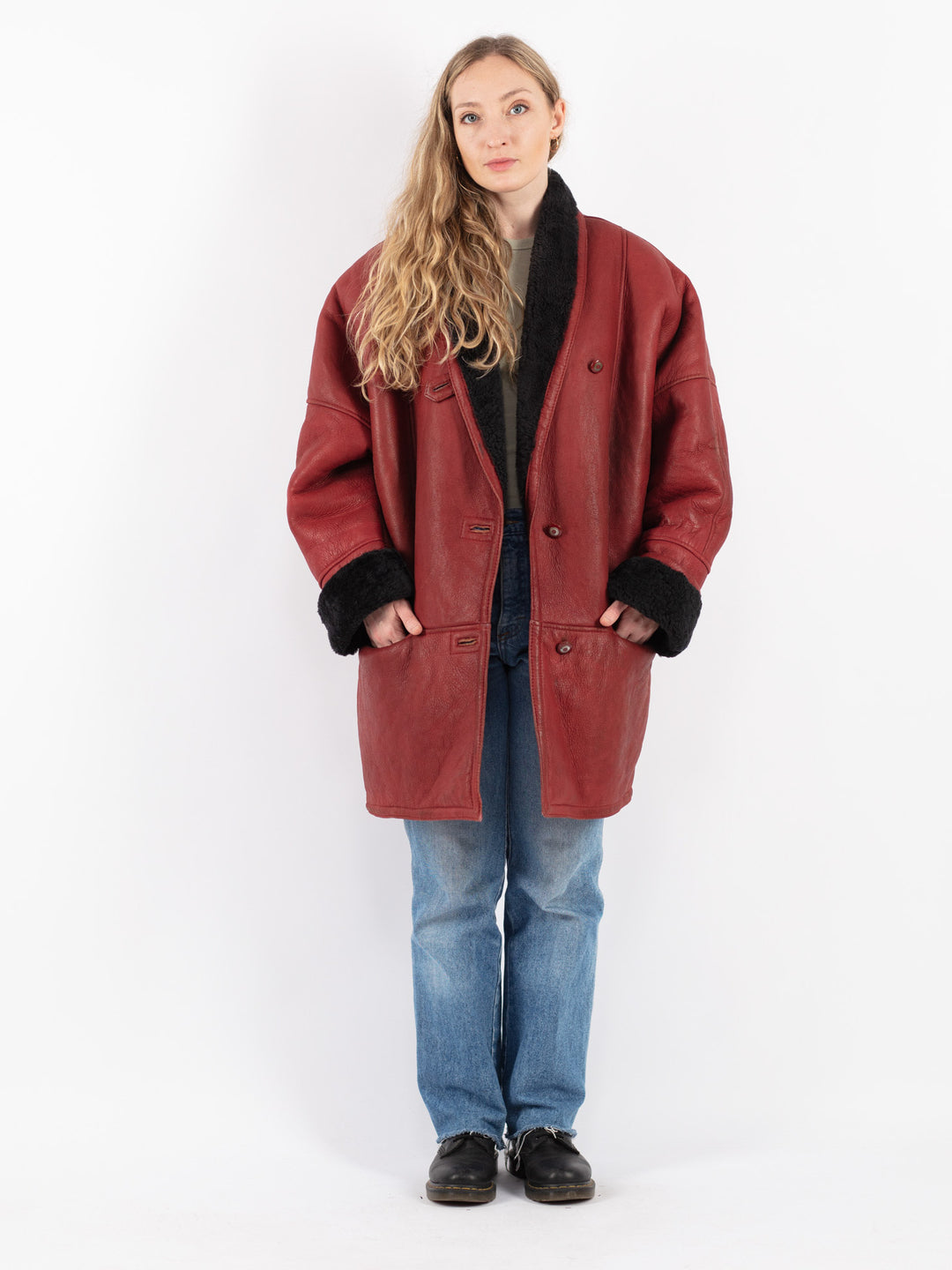 Vintage 80's Women Sheepskin Coat in Red