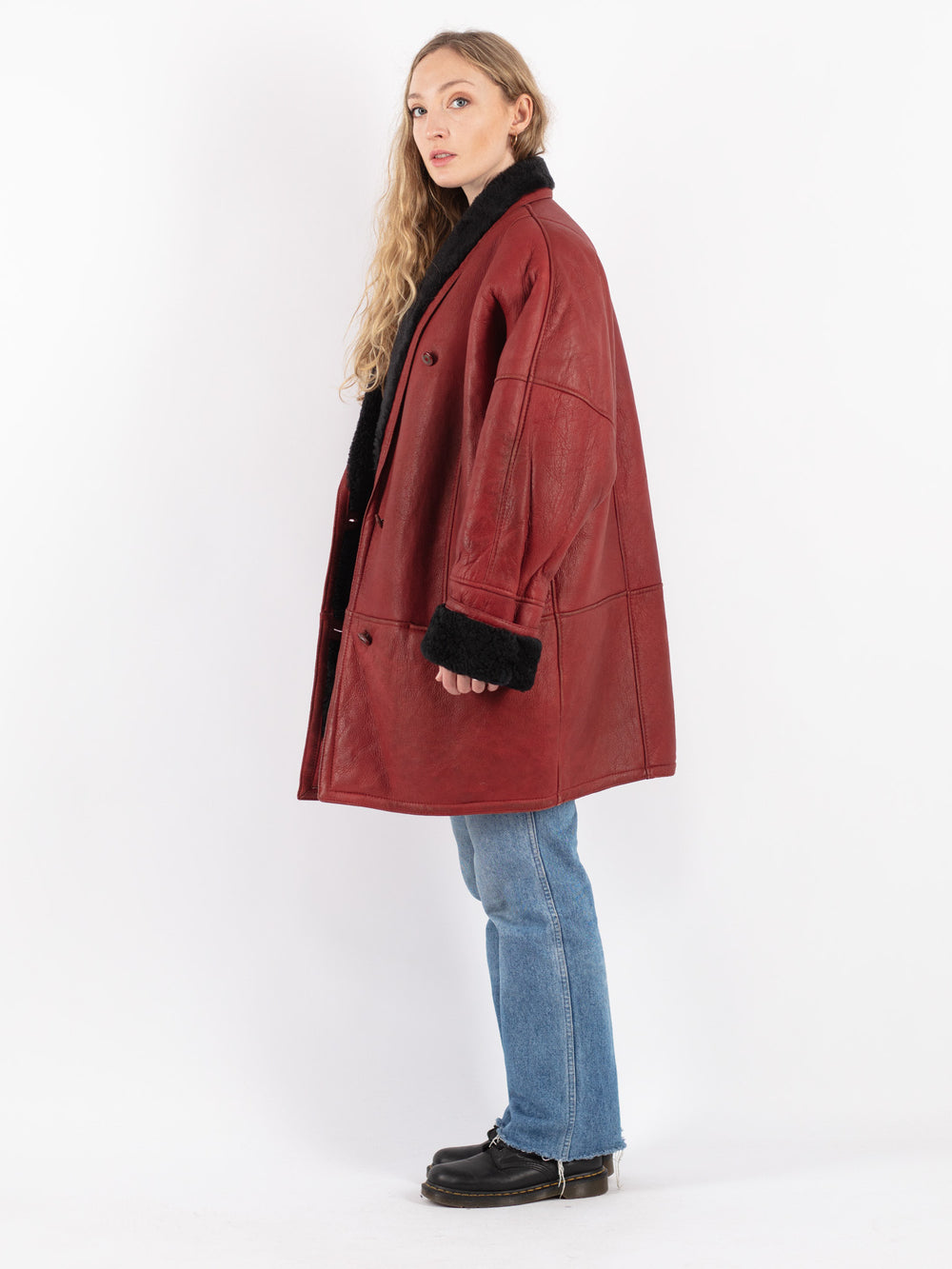 Vintage 80's Women Sheepskin Coat in Red