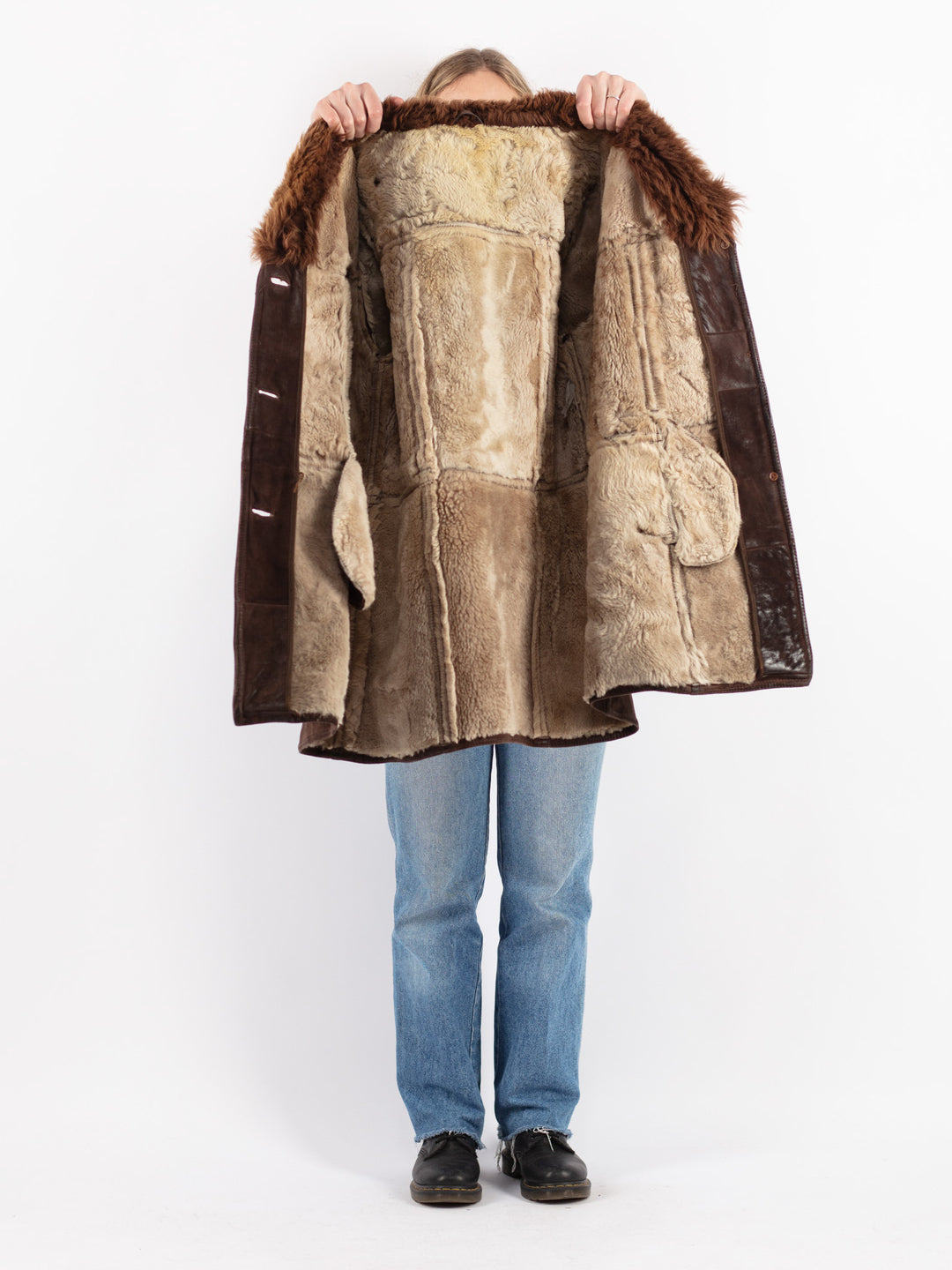 Vintage 70's Women Sheepskin Shearling Coat in Brown