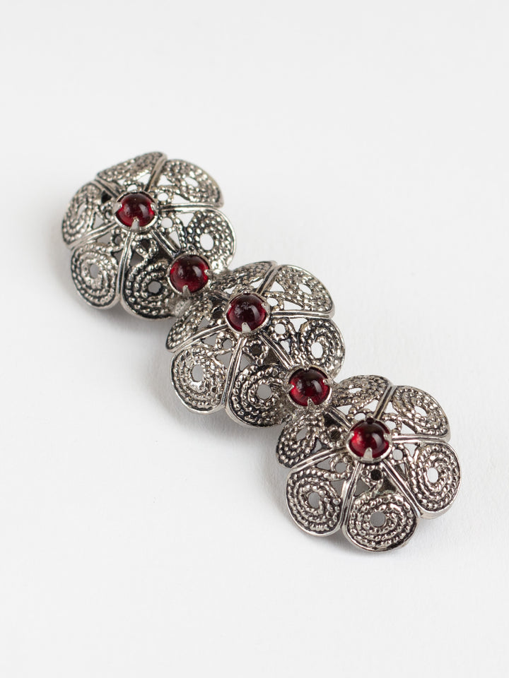 Vintage Filigree Flower Brooch with Red Cabochons in Silver-Tone Metal