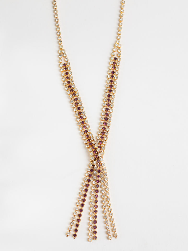 Vintage 80s Gold-Tone Crystal Y Necklace with Purple and Clear Rhinestones