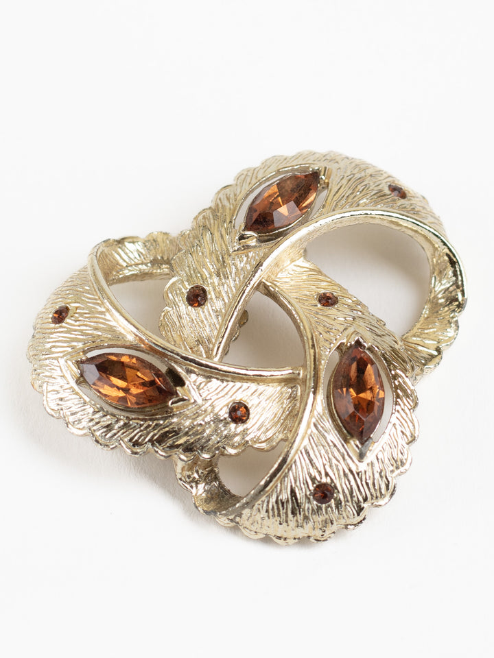 Vintage 80s Gold-Tone Leaf Swirl Brooch with Brown Rhinestones