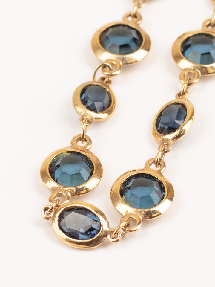 Vintage 80s Blue Glass Stone Necklace with Gold-Tone Link Chain