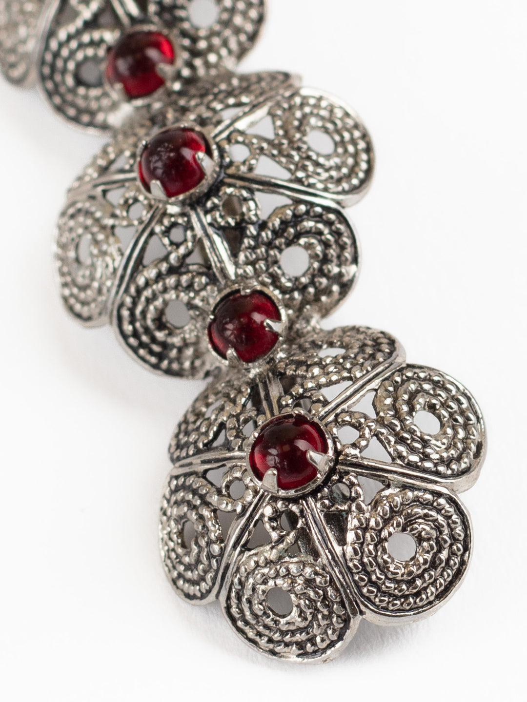 Vintage Filigree Flower Brooch with Red Cabochons in Silver-Tone Metal