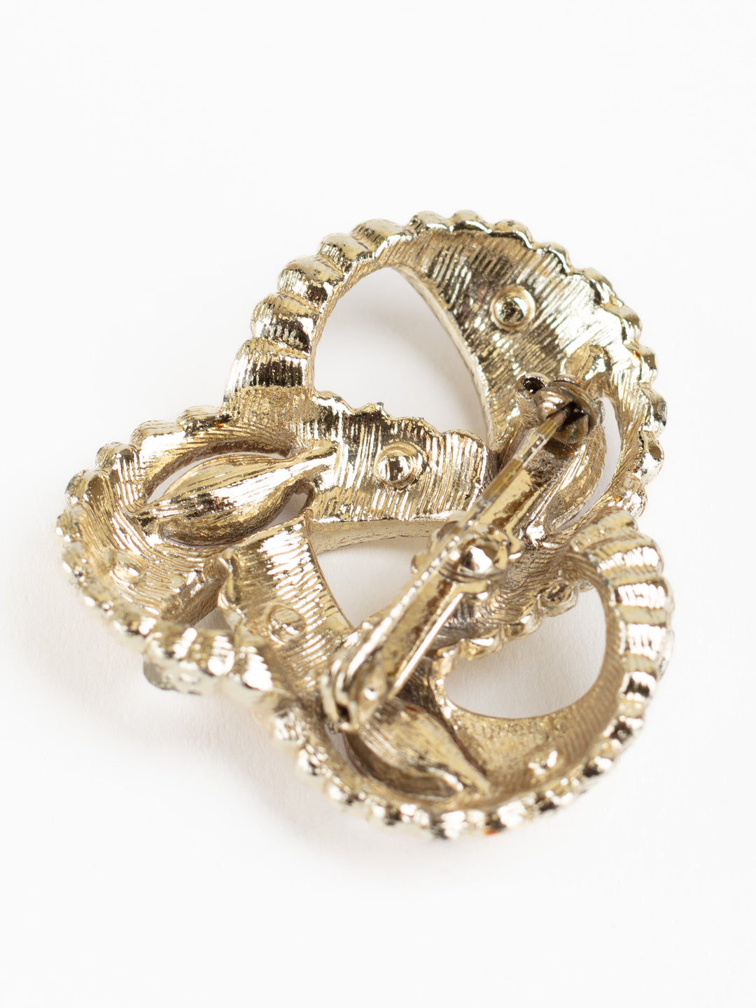 Vintage 80s Gold-Tone Leaf Swirl Brooch with Brown Rhinestones