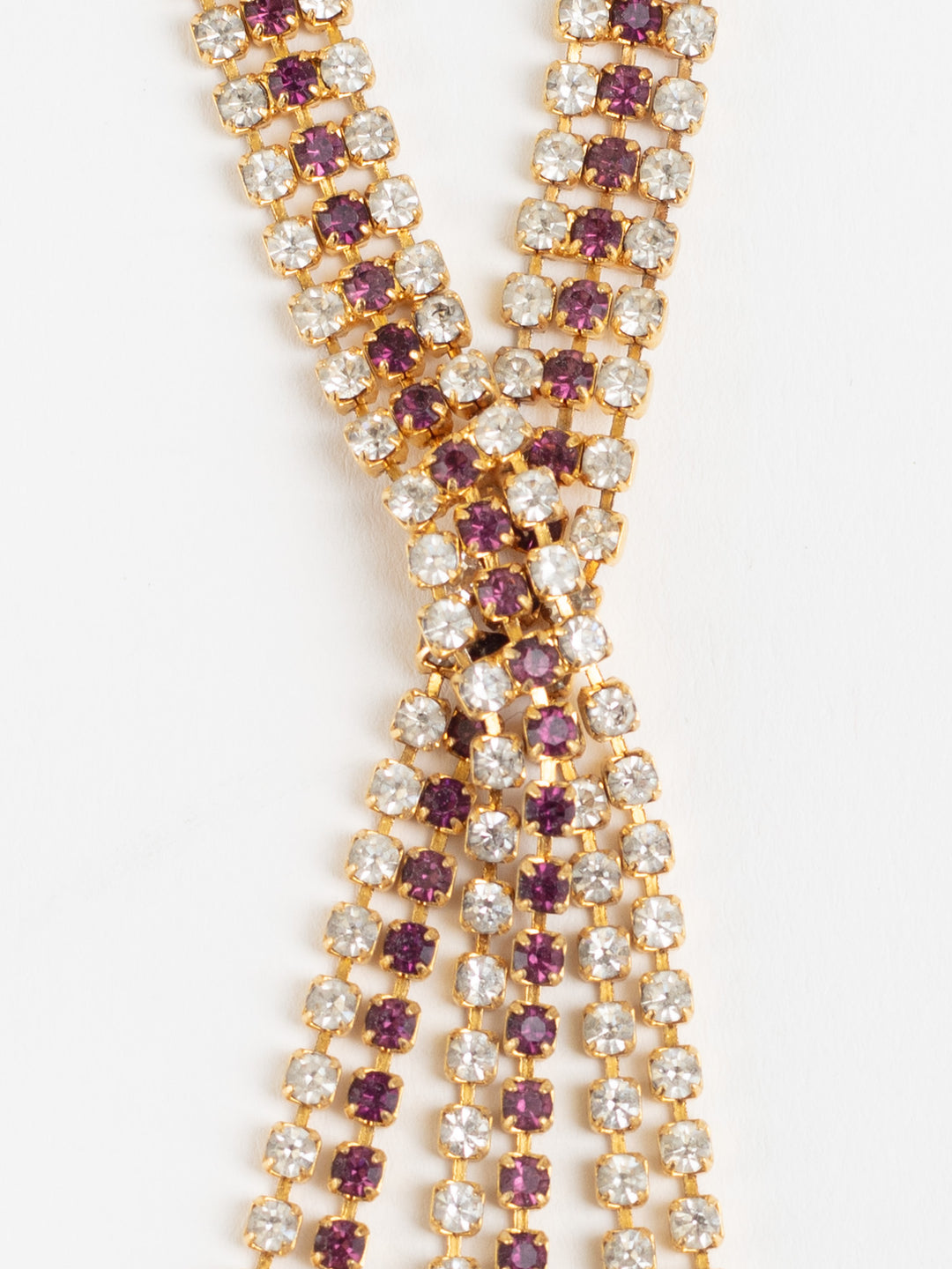 Vintage 80s Gold-Tone Crystal Y Necklace with Purple and Clear Rhinestones