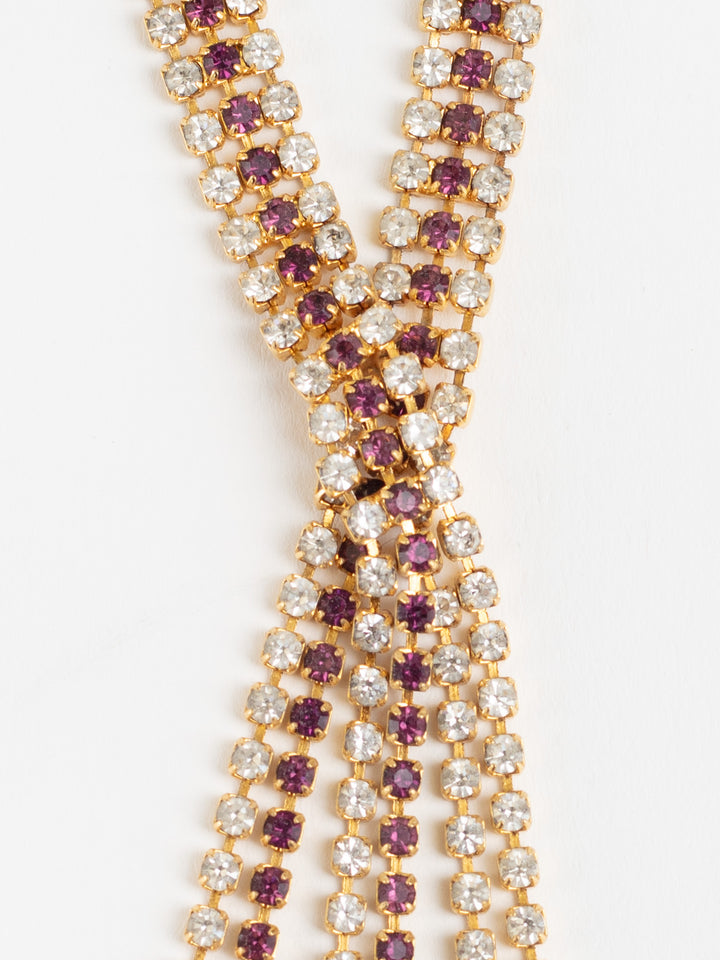 Vintage 80s Gold-Tone Crystal Y Necklace with Purple and Clear Rhinestones