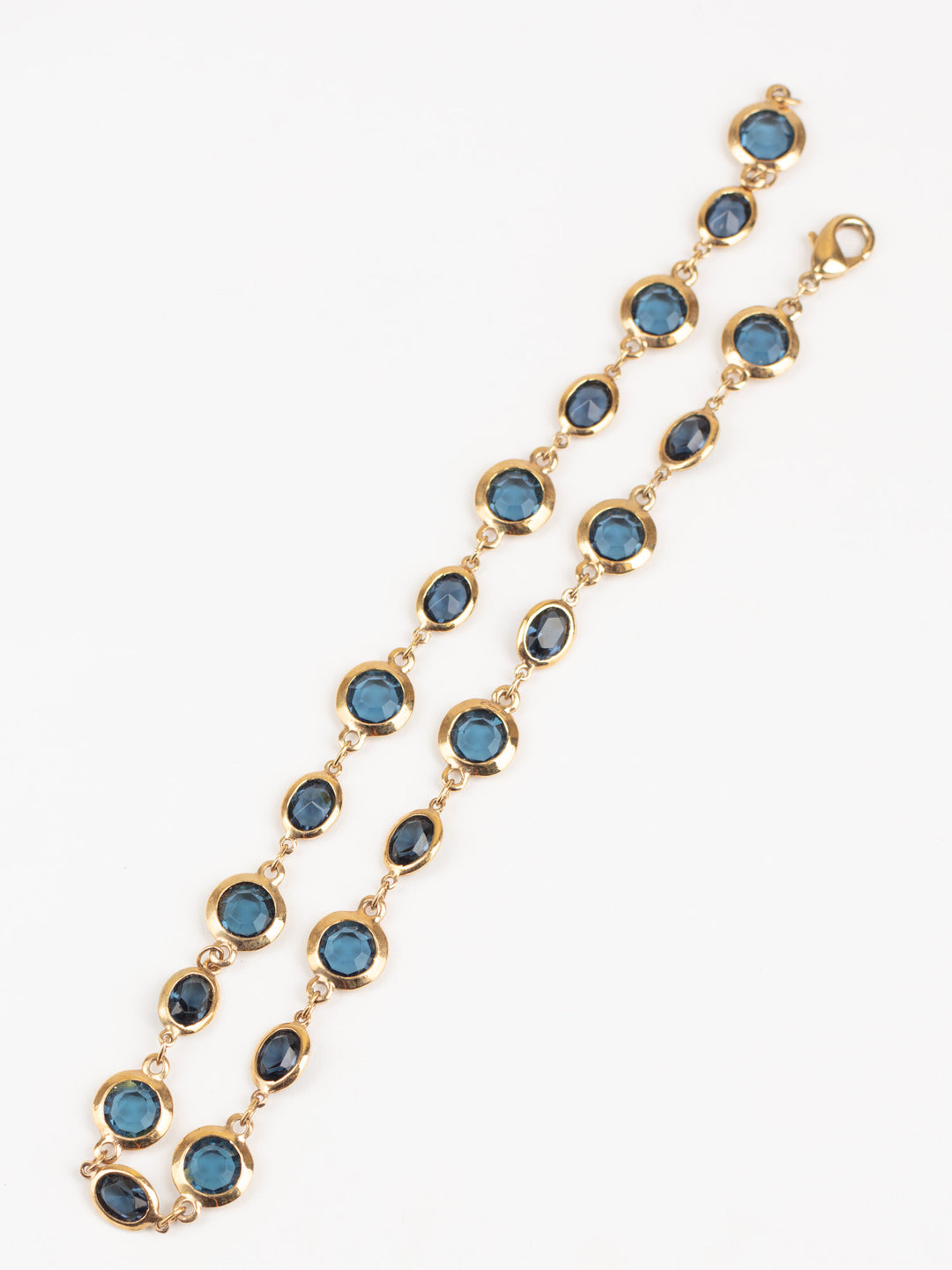 Vintage 80s Blue Glass Stone Necklace with Gold-Tone Link Chain