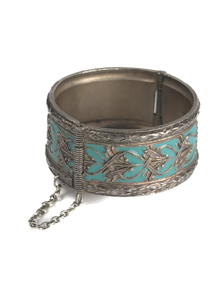 Vintage Silver Floral Hinged Bangle with Turquoise Enamel & Safety Chain
