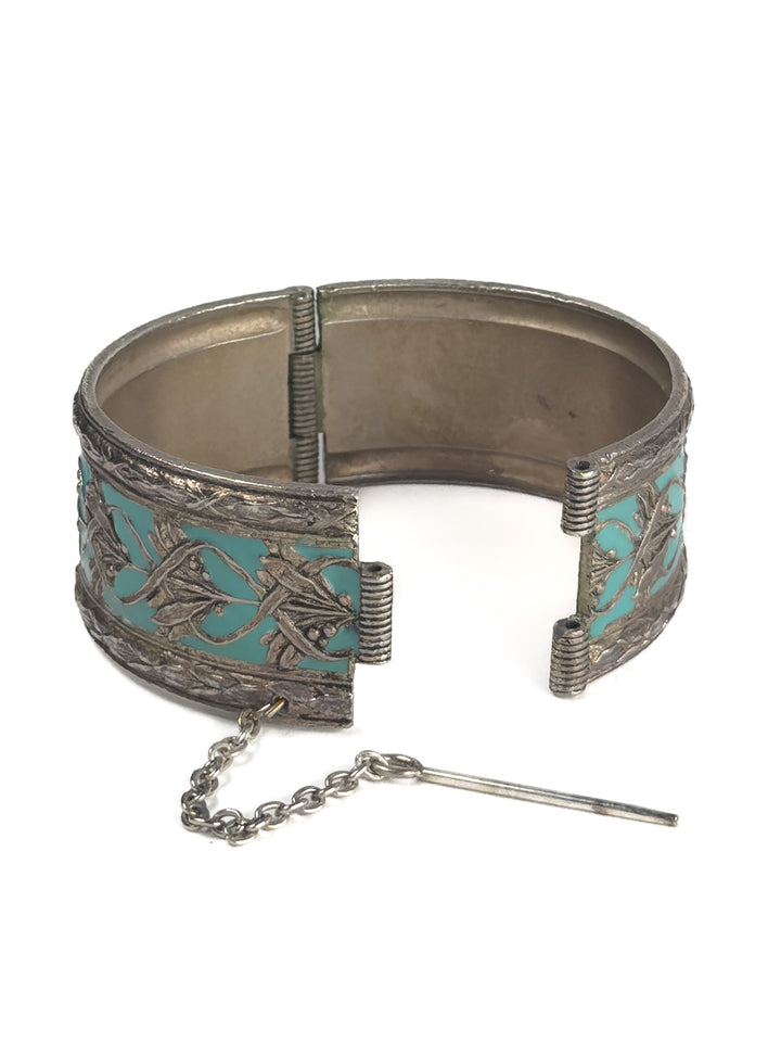 Vintage Silver Floral Hinged Bangle with Turquoise Enamel & Safety Chain