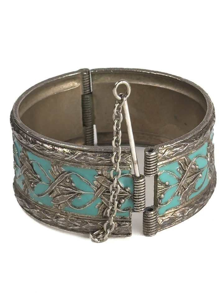 Vintage Silver Floral Hinged Bangle with Turquoise Enamel & Safety Chain