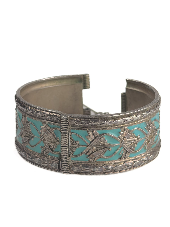 Vintage Silver Floral Hinged Bangle with Turquoise Enamel & Safety Chain