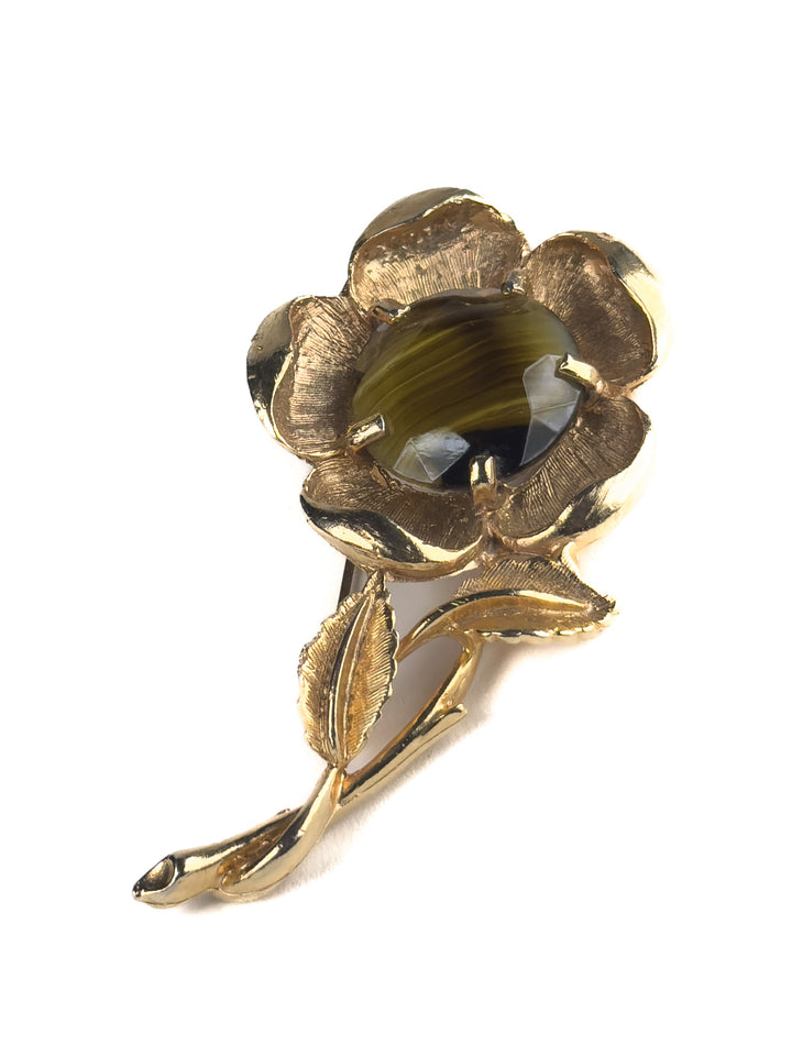 Vintage 1960s Tiger’s Eye Glass Flower Brooch Gold-Tone Floral Pin Retro Botanical Jewellery