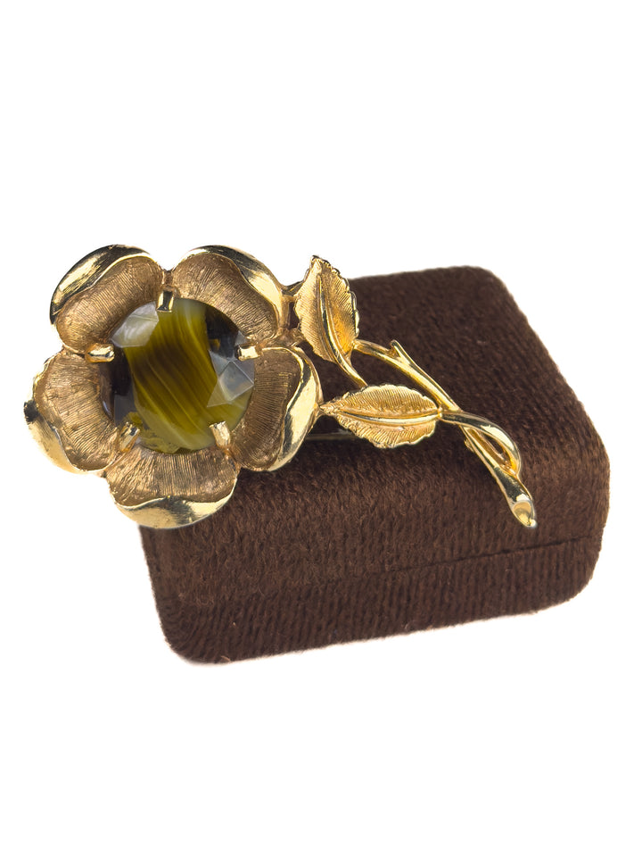 Vintage 1960s Tiger’s Eye Glass Flower Brooch Gold-Tone Floral Pin Retro Botanical Jewellery
