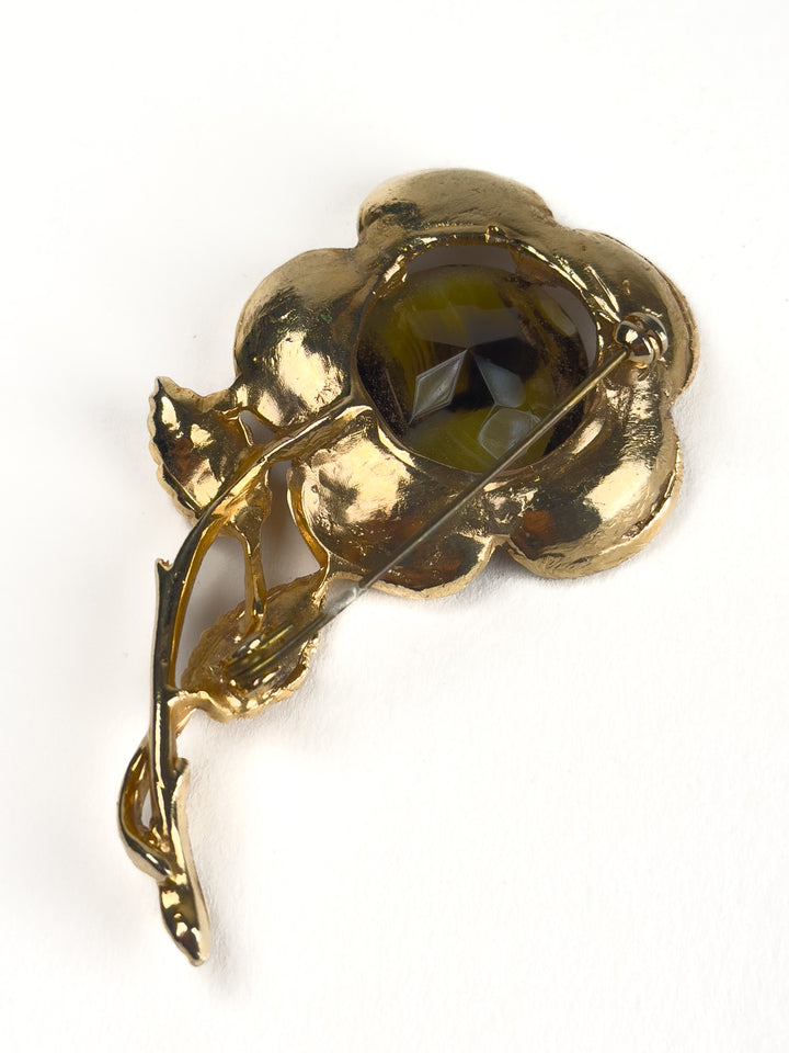 Vintage 1960s Tiger’s Eye Glass Flower Brooch Gold-Tone Floral Pin Retro Botanical Jewellery