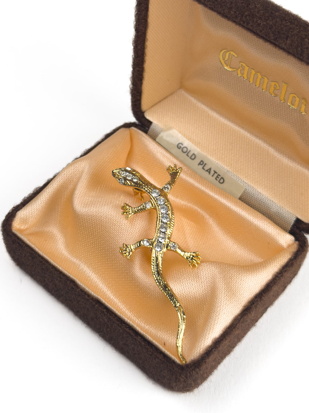 Vintage Gold Plated Lizard Brooch with Rhinestones – Camelot Gecko Pin