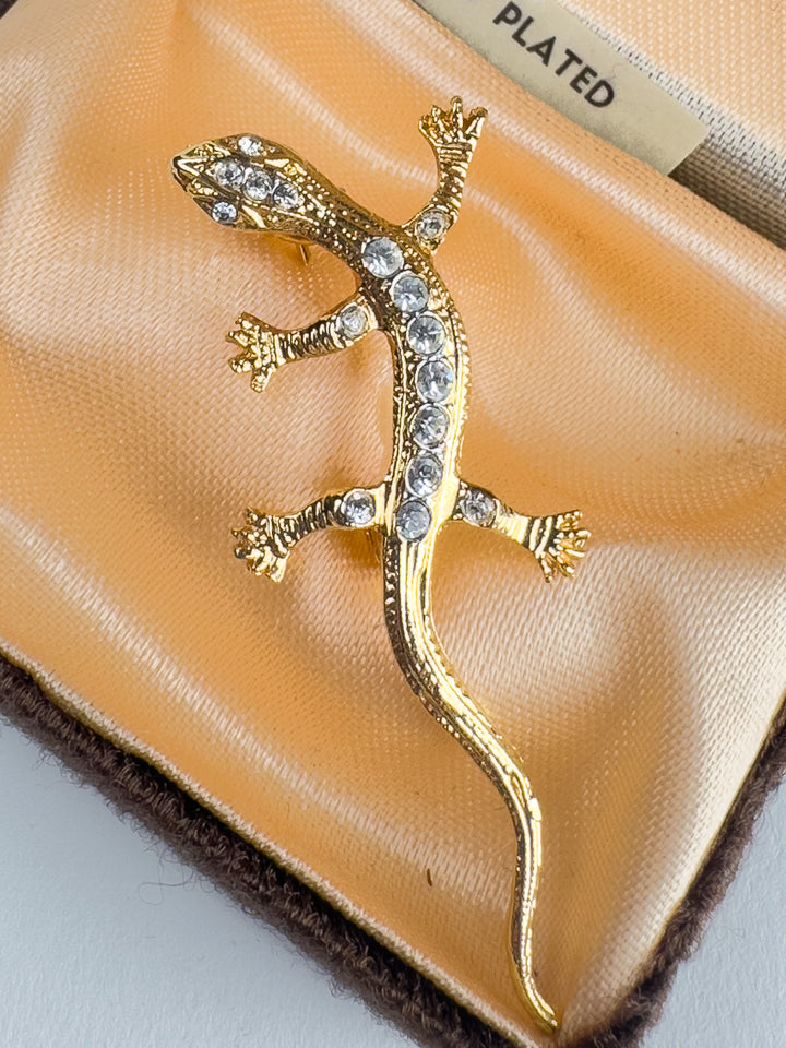 Vintage Gold Plated Lizard Brooch with Rhinestones – Camelot Gecko Pin