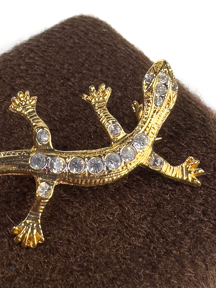 Vintage Gold Plated Lizard Brooch with Rhinestones – Camelot Gecko Pin