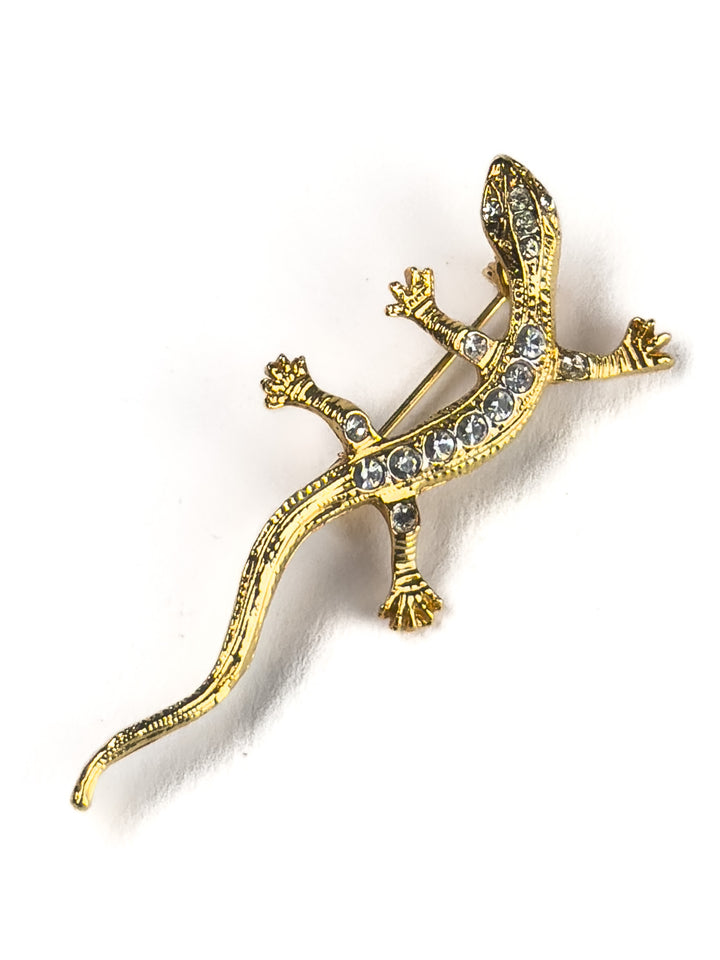 Vintage Gold Plated Lizard Brooch with Rhinestones – Camelot Gecko Pin