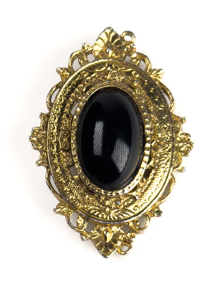 Vintage Swarovski Gold-Tone Brooch Black Baroque Glass Cabochon Ornate Filigree Oval Pin