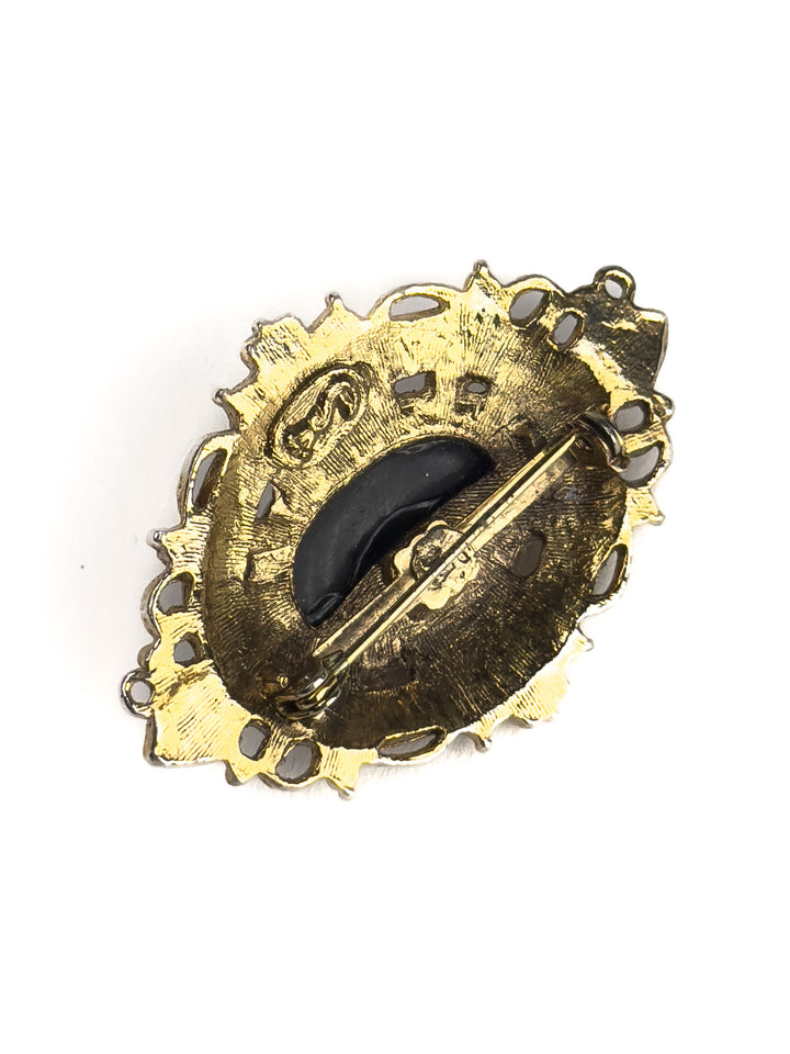 Vintage Swarovski Gold-Tone Brooch Black Baroque Glass Cabochon Ornate Filigree Oval Pin