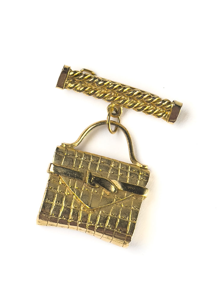 Vintage Gold-Tone Handbag Brooch Textured Purse Charm Pin 1980s Fashion Accessory