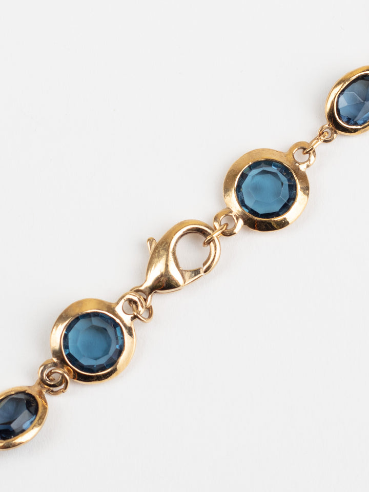 Vintage 80s Blue Glass Stone Necklace with Gold-Tone Link Chain