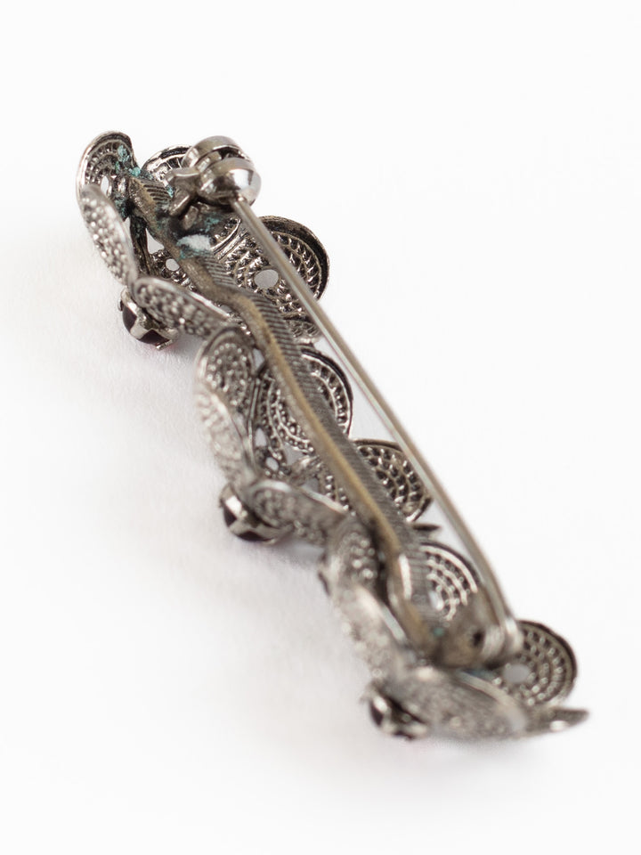 Vintage Filigree Flower Brooch with Red Cabochons in Silver-Tone Metal