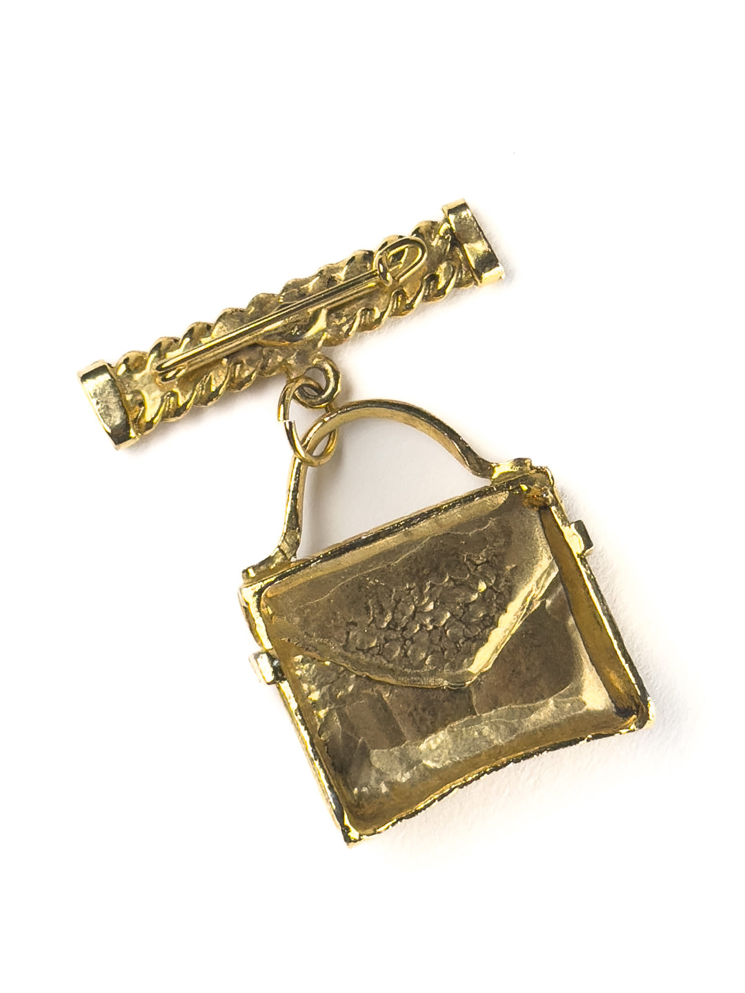 Vintage Gold-Tone Handbag Brooch Textured Purse Charm Pin 1980s Fashion Accessory