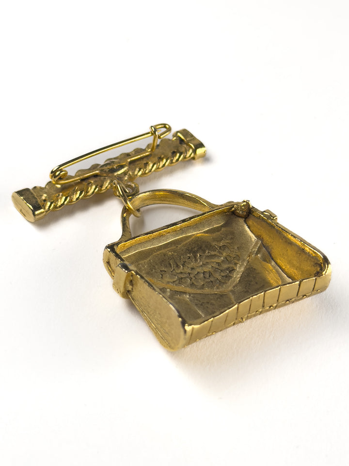 Vintage Gold-Tone Handbag Brooch Textured Purse Charm Pin 1980s Fashion Accessory